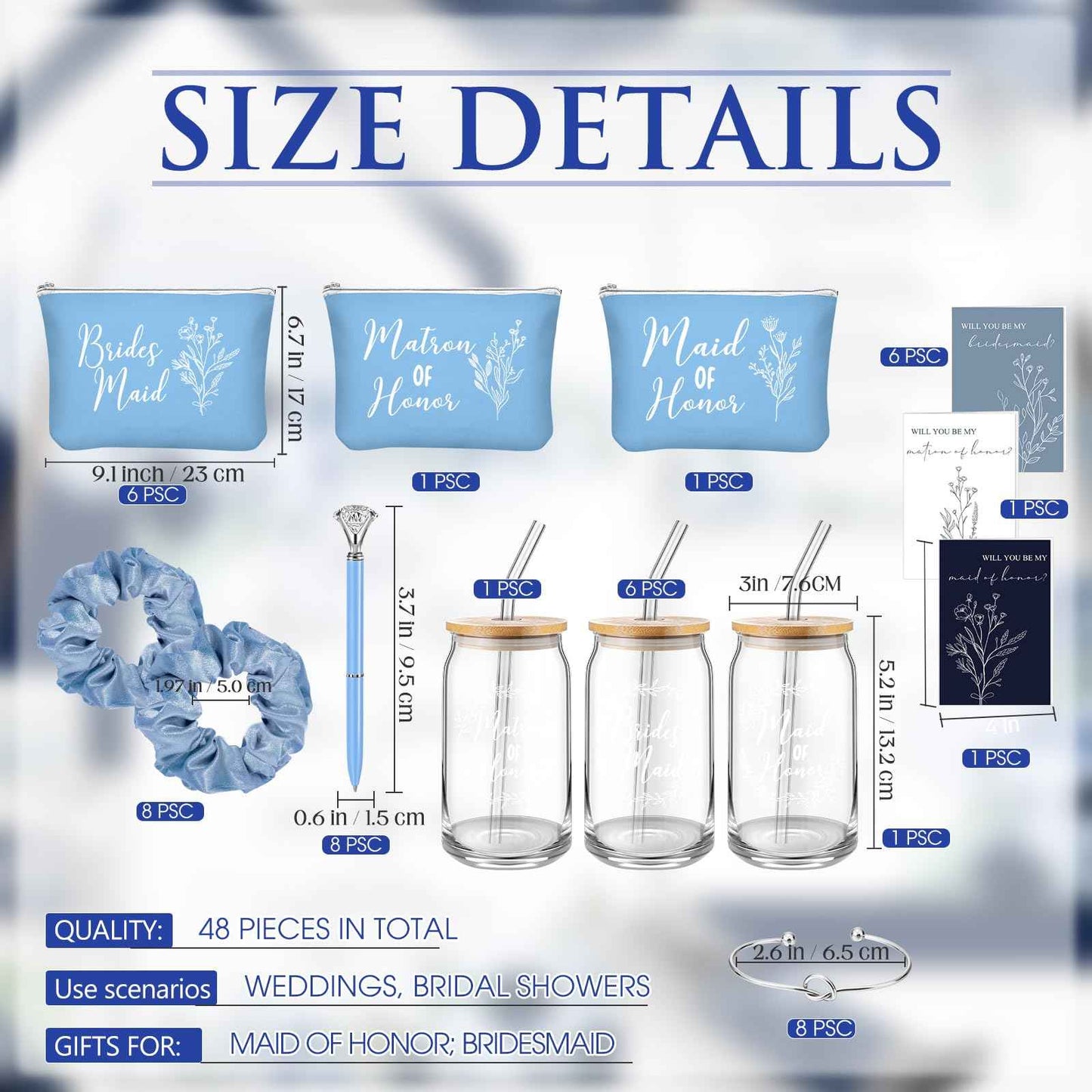 Irenare 48 Pcs 8 Set Bridesmaid Proposal Gifts Maid of Honor Gifts Bridal Shower 16oz Glass Cups Cosmetic Makeup Bags Invited Cards Scrunchies Hair Knotted Bracelets Diamond Pens(Blue)