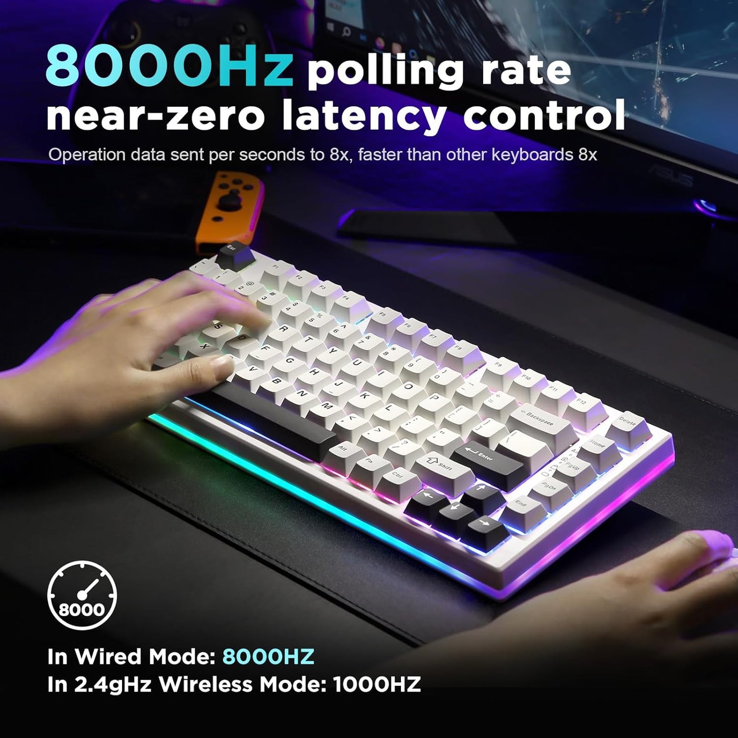 YUNZII RT80 Rapid Trigger Hall Effect Magnetic Gaming Keyboard,8K Polling Rate,75% Layout,BT/2.4GHz/Wired,RGB Backlit,Gasket Hot Swap,Adjustable Actuation for Win/Mac (White Line, Gateron White)