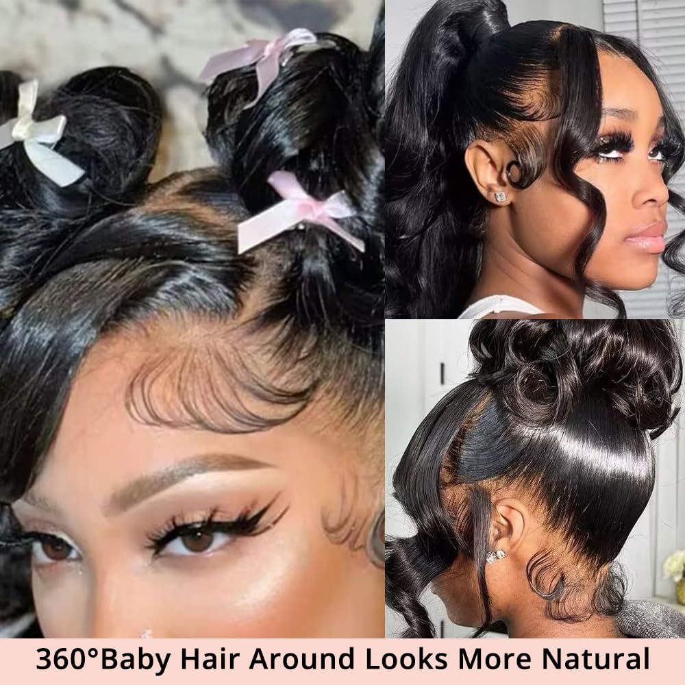 PRUWIGS 360 Lace Front Wigs Human Hair Body Wave 200% Density 20 Inch Upgraded Hidden Straps 360 HD Full Lace Wigs Human Hair With Drawstring Pre Plucked With Baby Hair for Women Natural Black