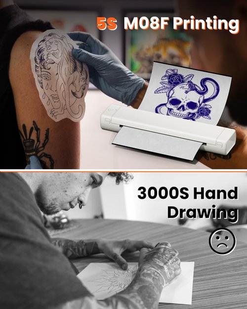 COLORWING M08F Portable Wireless Tattoo Stencil Printer, Thermal Inkless Bluetooth Tattoo Stencil Machine with 10pcs Tattoo Transfer Paper, Ideal for Tattoo Artists & Beginners - White