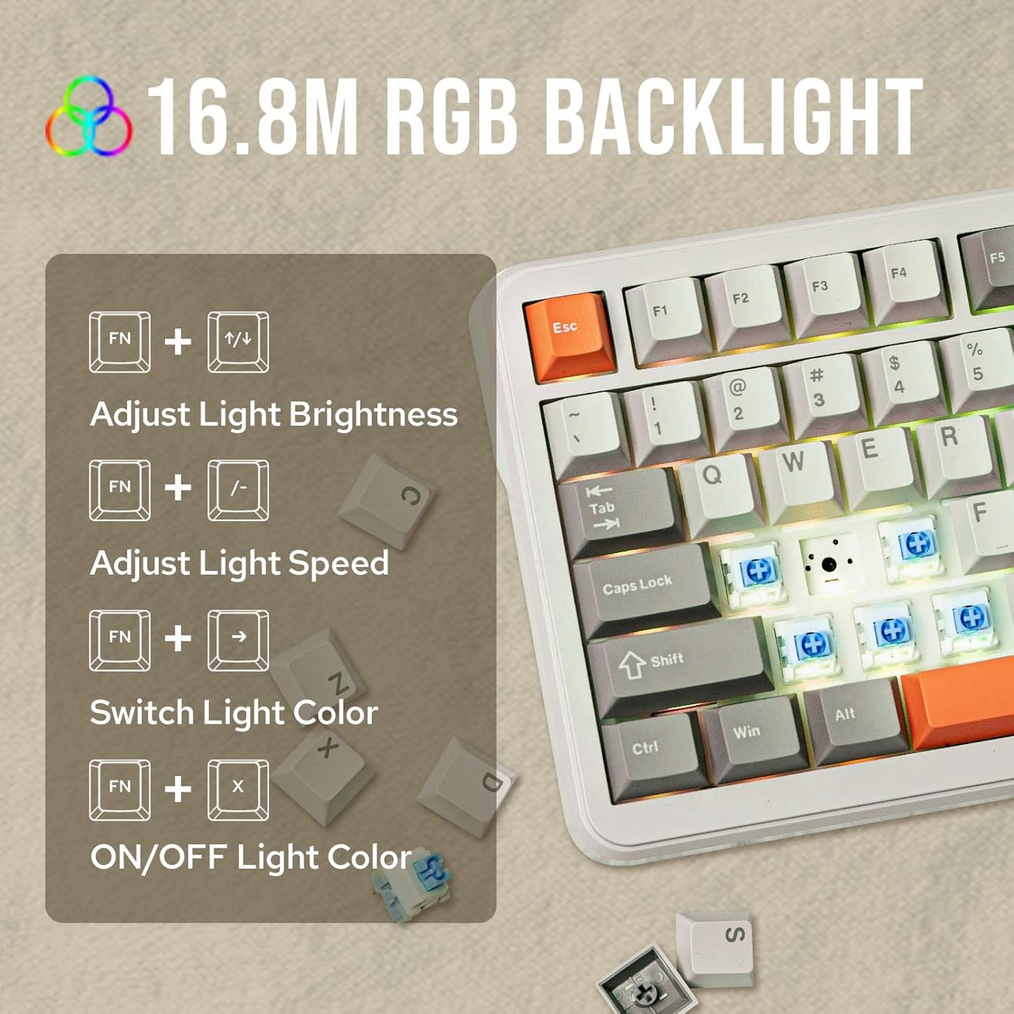 AJAZZ AK820 MAX Upgraded 75% Gasket Mechanical Keyboard, BT5.0/USB-C/2.4GHz Wireless Gaming Keyboard with 8000mAh Battery, Flex-Cut PCB, PC Plate, RGB for Win/Mac (Retro White)
