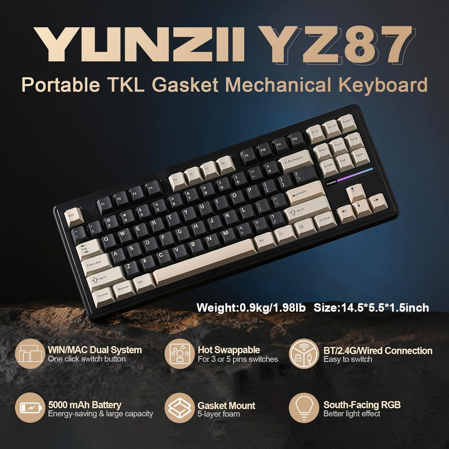YUNZII YZ87 Gasket Mechanical Keyboard,TKL Wireless Hot Swappable with 5-Layer Padding, BT5.0/2.4G/USB-C NKRO RGB Backlit for Win/Mac(White Line, Milk Switch)