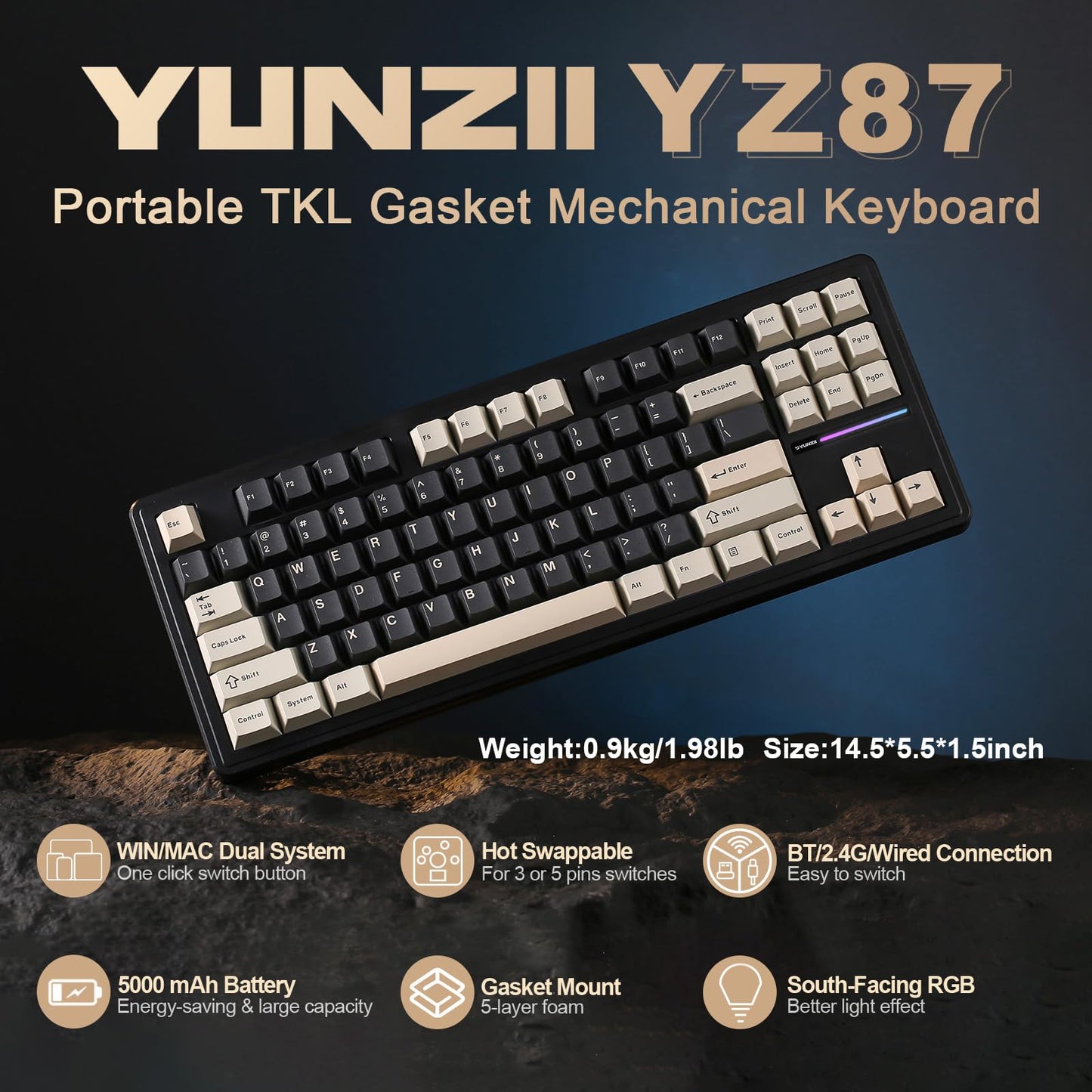 YUNZII YZ87 Gasket Mechanical Keyboard,TKL Wireless Hot Swappable with 5-Layer Padding, BT5.0/2.4G/USB-C NKRO RGB Backlit for Win/Mac (Black, Milk Switch)