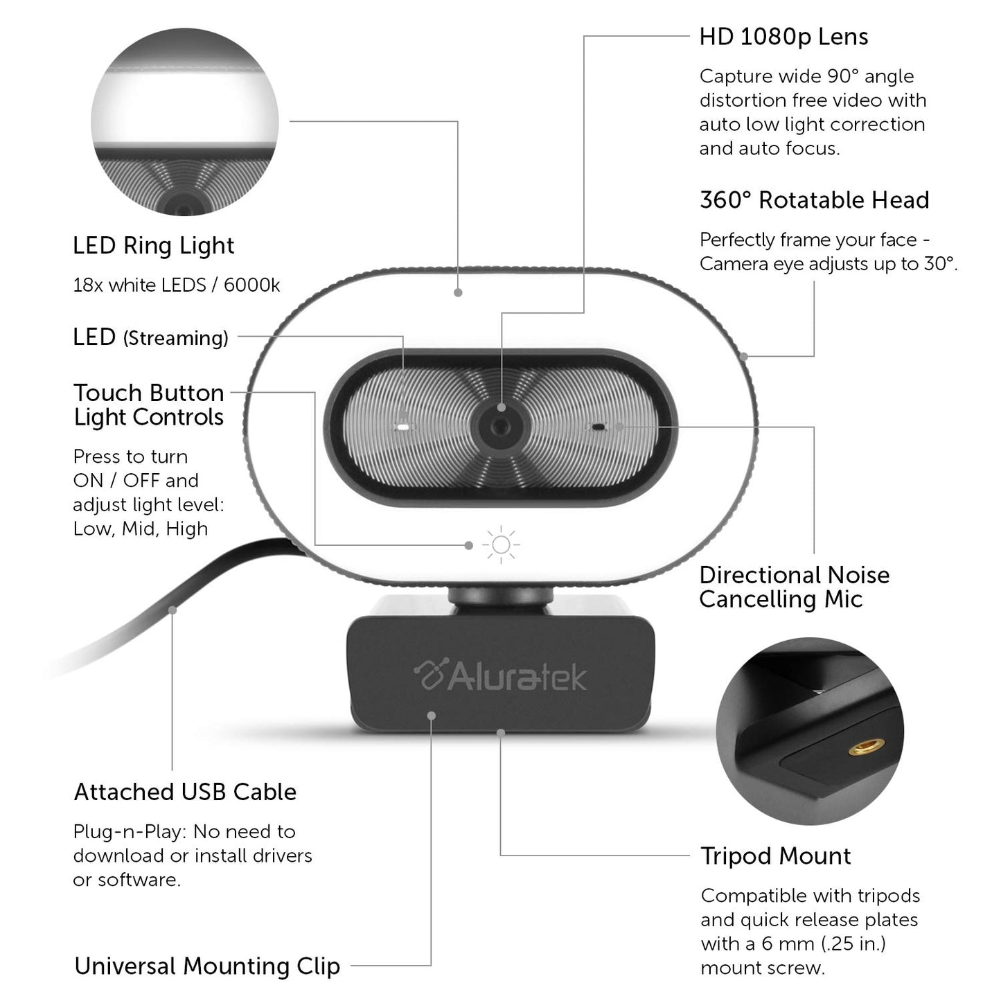 Aluratek 1080p HD Webcam with Ring Light, Auto Focus and Directional Noise Cancelling Mic, Universally Compatible, LED Adjustable Ring Light