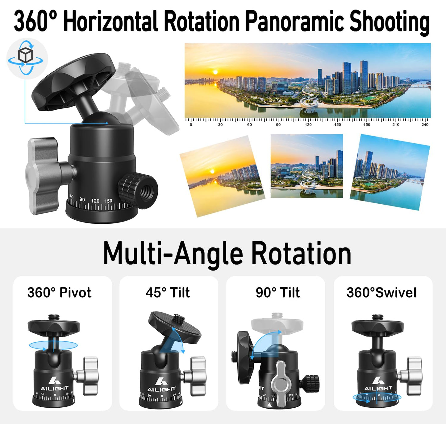 Ailight Mini Ball Head, 360° Panoramic Tripod Head, Universal 1/4" to 3/8" Screw Adapter Swivel Mini Ball Head Screw Tripod Mount, Dual Cold Shoe Mount for DSLR Cameras Camcorder(2 Pack