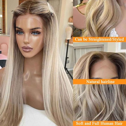 13x4 Transparent Brown Ombre Lace Front Wig Human Hair for Women,Highlight Ash Brown to Blonde Lace Front Wigs Glueless Straight Soft Brazilian Human Hair Pre Plucked Hairline with Baby Hair(#8/18/60)