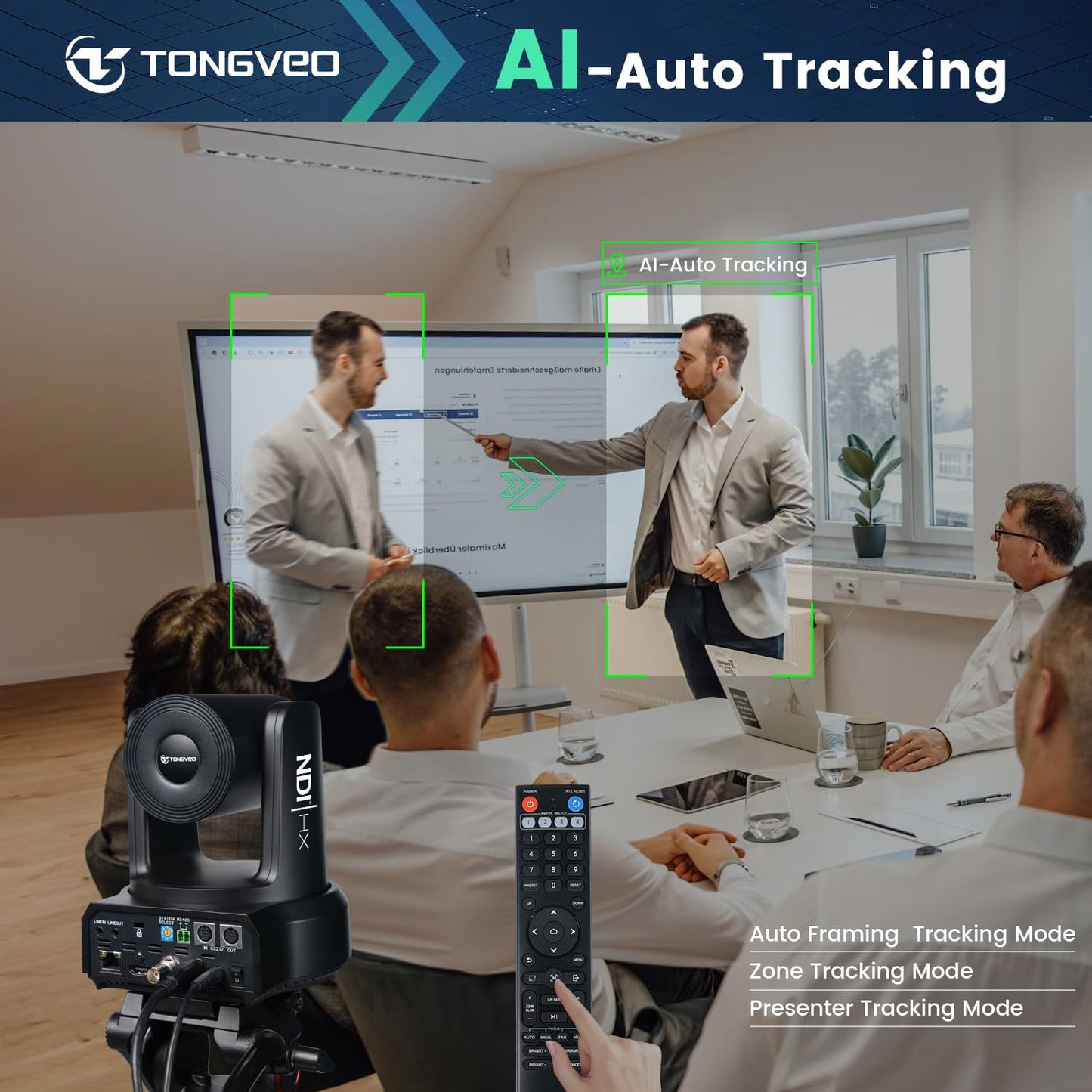 4K NDI PTZ Camera 60FPS, 4KP60 AI Auto-Tracking 20X Optical Zoom Video Conference Camera 1/1.8 UHD CMOS 8.42MP with USB 3G-SDI HDMI LAN Outputs POE Live Streaming for Church Worship Conference Events