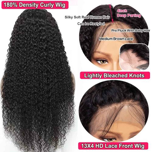 JIETAI 13X4 HD Curly Lace Front Wigs Human Hair Pre Plucked with Baby Hair 180% Density Brazilian Deep Curly Wave 10A Glueless Lace frontal Wigs Natural Color (30 Inch)