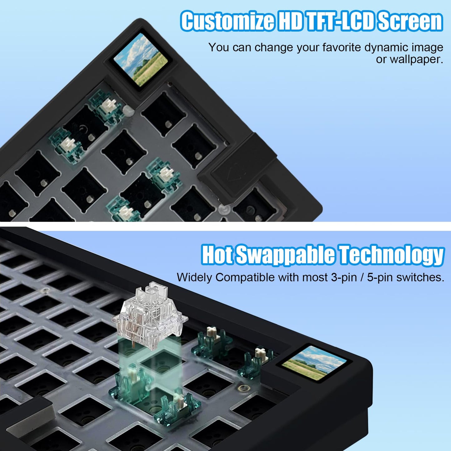 ZMX GMK67S Keyboard Barebones Kit,65% Gasket Mount Hot Swap PCB Tri-Mode BT5.0/2.4G/Type-C Wireless Mechanical Keyboard with TFT-LCD Screen VIA Programmable Custom RGB Gaming Keybaord DIY Kit (Black)