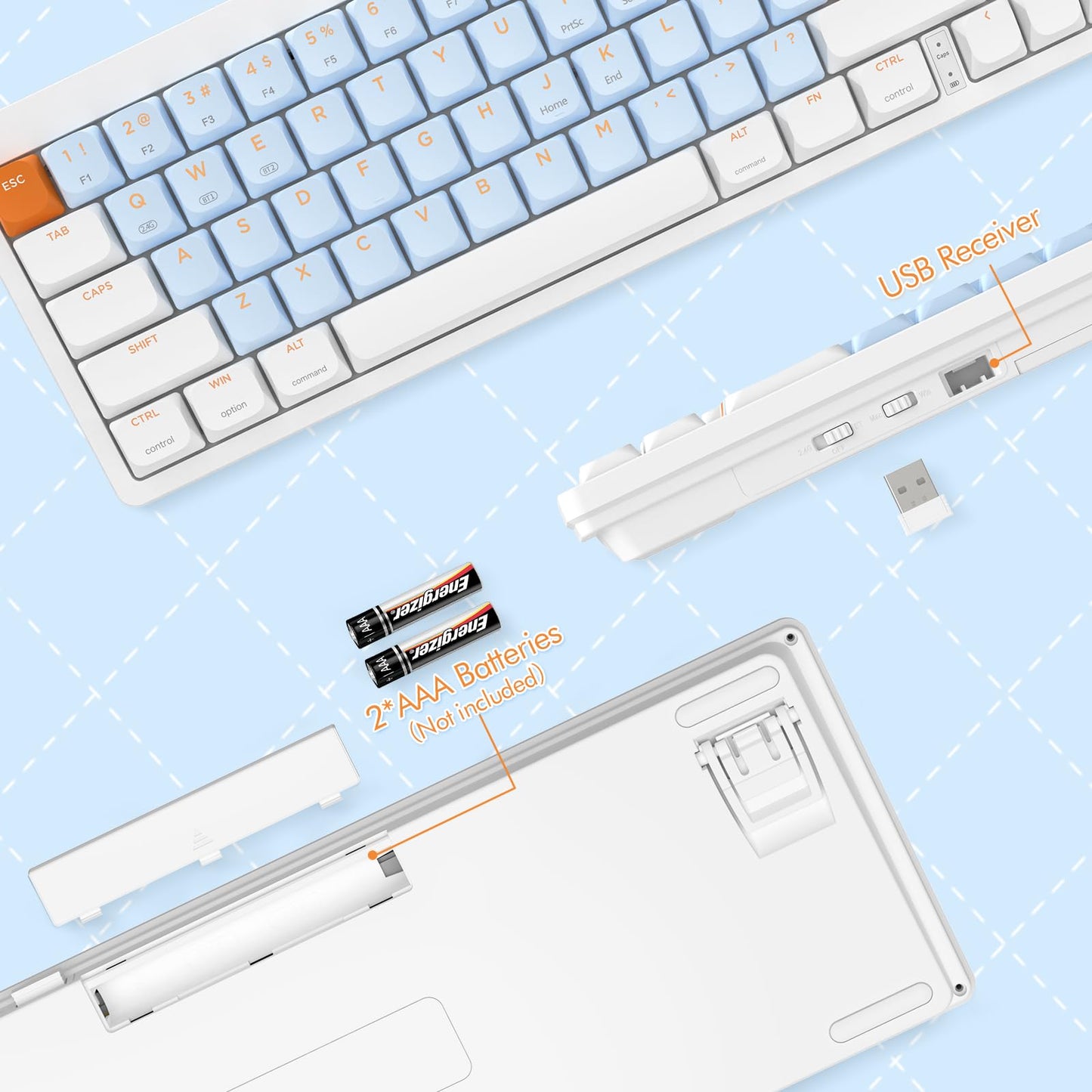 A.JAZZ AKL680 65% Low Profile Wireless Mechanical Keyboard, BT/2.4Ghz Dual Mode 68 Keys Gaming Keyboard with Ultra-Thin Brown Switches for PC/Laptop/Windows/Mac(White/Blue)