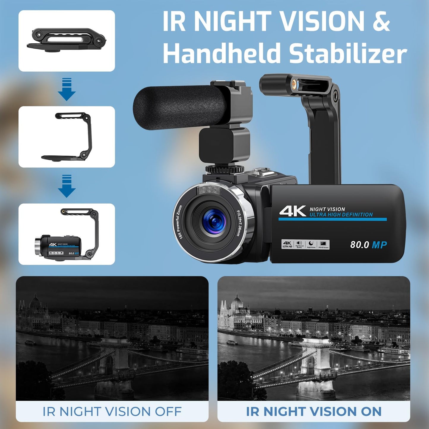 4K Camcorder Video Camera 80MP Ultra HD Vlogging Camera for YouTube 18X Digital Zoom 3.0" IPS HD Screen Recorder IR Night Version With Handheld Stabilizer, Microphone, Remote Control and 32GB SD Card