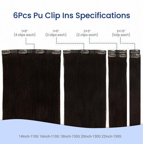 Worldstar Seamless Clip in Real Human Hair Extensions, #2 Dark Brown 6pcs 110g 16Inch,Invisible Clip in Hair Extensions Human Hair For Women,Invisible PU Skin Weft Straight Hair (pu#2-16)