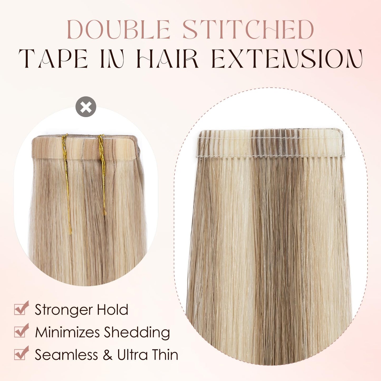 Human Hair Tape in Extensions-Double Stitched,SLEEKALON Free-cut Mini Tape ins Real Hair Extension Highlights Bleach Blonde mix Brown Seamless Straight Double Side Tape Hair-16 Inch,20pcs 50g,#12P613