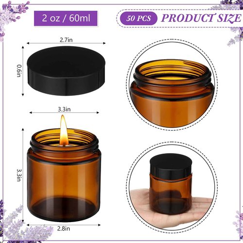 50 Pcs 2 oz Amber Glass Jars with Black Lids Leakproof Round Airtight Jars Empty Cosmetic Jars with Inner Liners Lid for Candle Making Storing Lotions Spice Powder Liquid Sample Makeup (Black,Amber)
