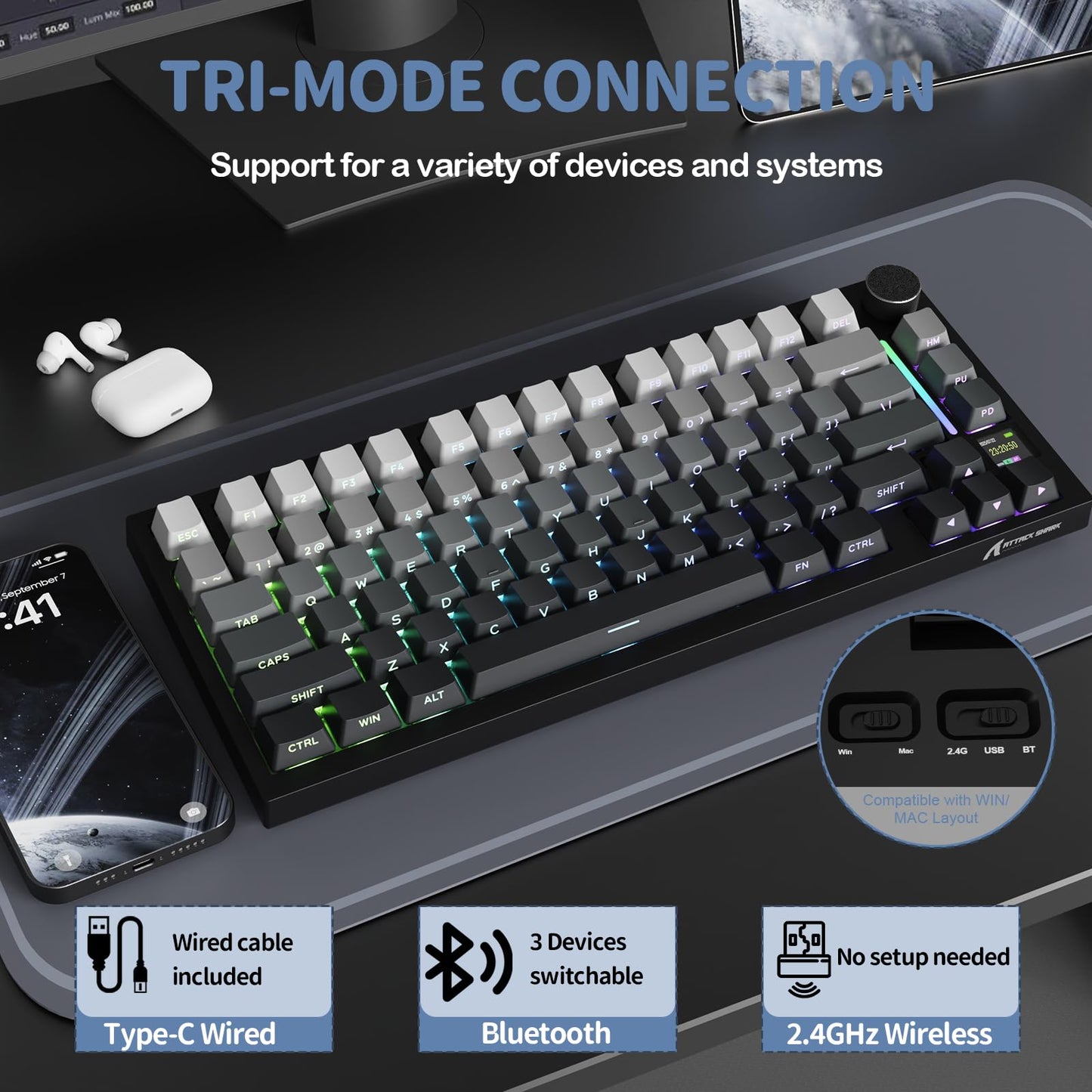 ATTACK SHARK X820 Ultra 75% Wireless Gaming Mechanical Keyboard Hot-Swappable Gasket Mount RGB Backlit BT/2.4G/Wired Custom Keyboard with Smart TFT Display&Knob QMK Driver-Moonlit Night&Gift Switch