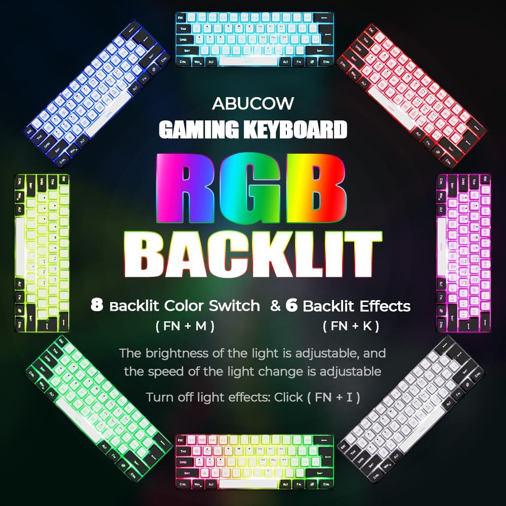 abucow Gaming Keyboard Minimalist Portable Wired Ultra-Compact Mini Imitation 61 Keys RGB Backlit Keyboard (Black-White)
