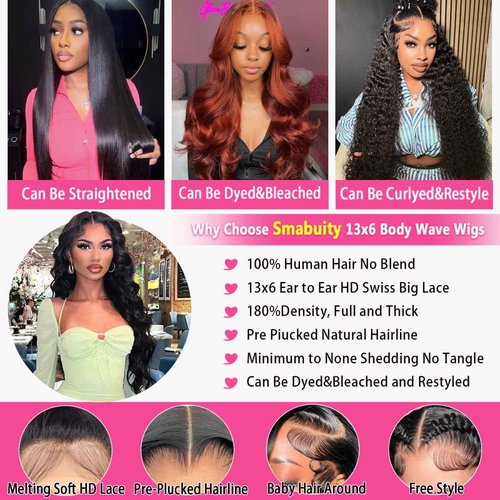 Smabuity 13x6 Body Wave Lace Front Wigs Human Hair Pre Plucked, 180% Density HD Transparent Glueless Lace Frontal Wigs with Baby Hair for Women, 26 Inch