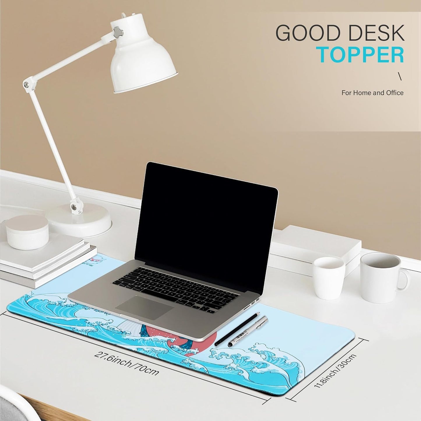 XVX Japanese Sea Wave Large Mouse Pad for Desk, Desk Mat with Seamed Edges, Waterproof Desk Pad, Gaming Mouse Pad Non-Slip Rubber Base, 31.5x11.8 Inch 3mm Thick Keyboard Pad Computer Mat, Kanagawa
