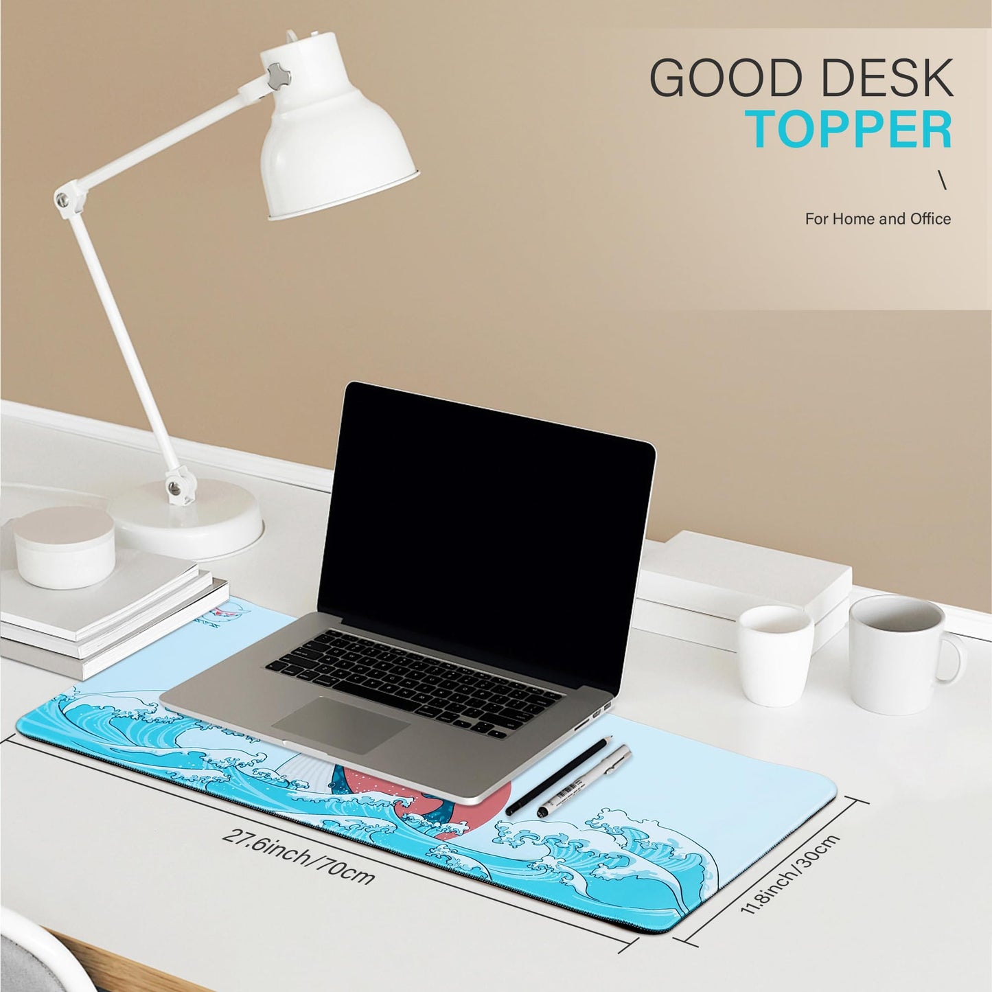 XVX Japanese Sea Wave Large Mouse Pad for Desk, Desk Mat with Seamed Edges, Waterproof Desk Pad, Gaming Mouse Pad Non-Slip Rubber Base, 31.5x11.8 Inch 3mm Thick Keyboard Pad Computer Mat, Coral Sea