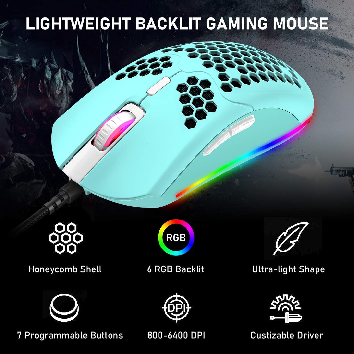 ZIYOU LANG Wired Lightweight Gaming Mouse,6 RGB Backlit Mouse with 7 Buttons Programmable Driver,6400DPI Computer Mouse,Ultralight Honeycomb Shell Ultraweave Cable for PC Gamers,PS4(Green)