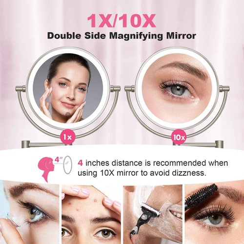 FASCINATE Upgraded Wall Mounted Makeup Mirror with Lights, Super Large Double Sided 1X/10X Magnifying Mirror for Bathroom, 360ยฐ Swivel Extendable Plug Touch Sensor Vanity Mirror