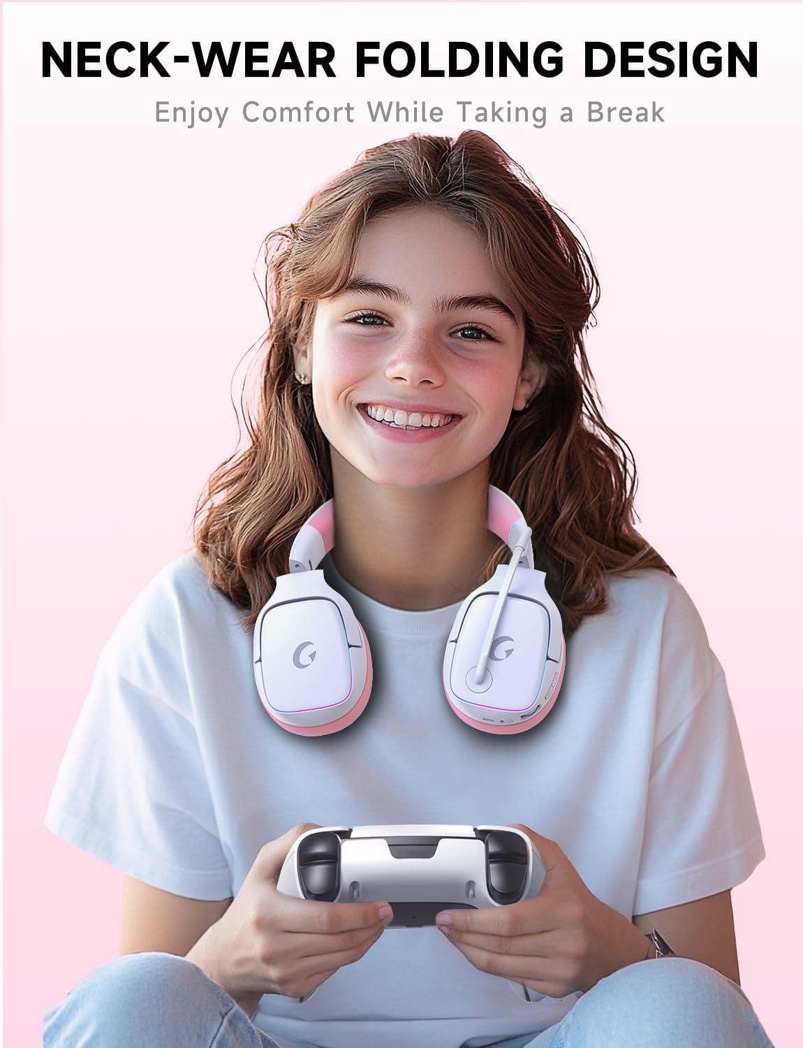 2.4GHz Wireless Gaming Headsets for PS5, PS4, PC, Switch - Bluetooth 5.3 Gaming Headphones with Noise Canceling Mic, 7.1 Surround Sound, 70H Battery, Blue Lighting - White