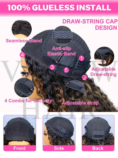 V SHOW Wear Go Glueless Half Wig Human Hair 1B/30 Highlight Water Wave Bod Wigs 3 In 1 Curly Half Wigs 180% Density Drawstring Seamless Fit Strap Flip Over Headband Wig 12 Inch Beginner Friendly