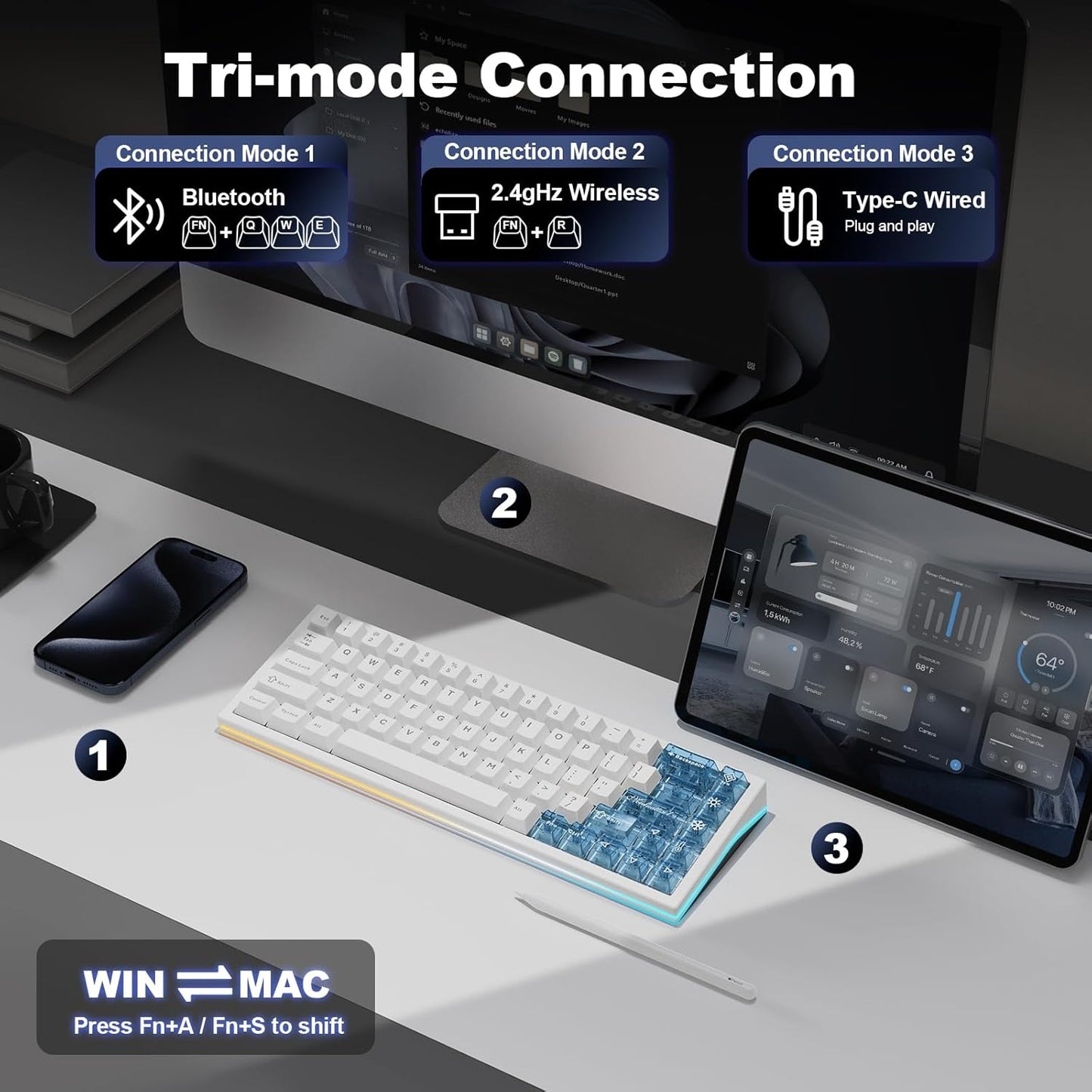 YUNZII AL65 Wireless Mechanical Keyboard, Full Aluminum CNC,Support QMK/VIA Software Gasket Structure,60% Hot Swappable with RGB Backlit BT/2.4G/USB-C for Mac/Windows(White, Gateron Zero)