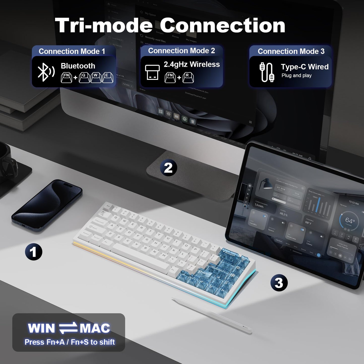 YUNZII AL65 Wireless Mechanical Keyboard, Full Aluminum CNC,Support QMK/VIA Software Gasket Structure,60% Hot Swappable with RGB Backlit BT/2.4G/USB-C for Mac/Windows(White, Gateron Zero)