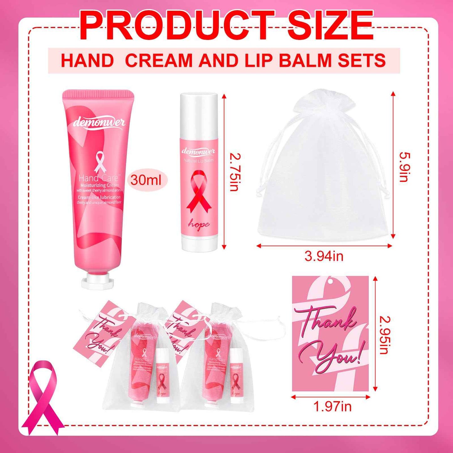 40 Sets Breast Cancer Awareness Favors Pink Ribbon Hand Cream Lip Balm with Thank You Cards Organza Bags Awareness Gifts for Women Nurse Breast Cancer Charity Event Survivor Campaign Party Favors