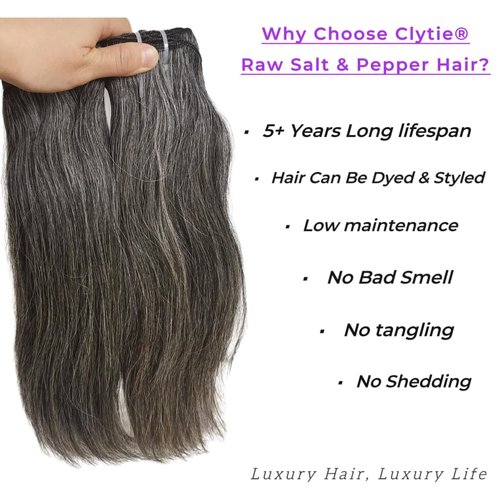 Raw Straight Salt and Pepper Gray Human Hair Bundles Unprocessed 10IN Short Grey Human Hair 1 Single Bundle, 5+ Years Long Lifespan 50% Grey Mixed 50% Black Color Virgin Hair Weave Weft by Clytie