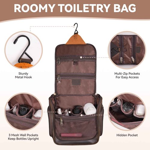 MCKDERWRILL Versatile Genuine Leather Travel Hanging Toiletry Bag, A Dark Brown Hanging Makeup Organizer for Men or Women, Water-resistant Shaving Kit Bag Suitable for Camping and Travel Trips