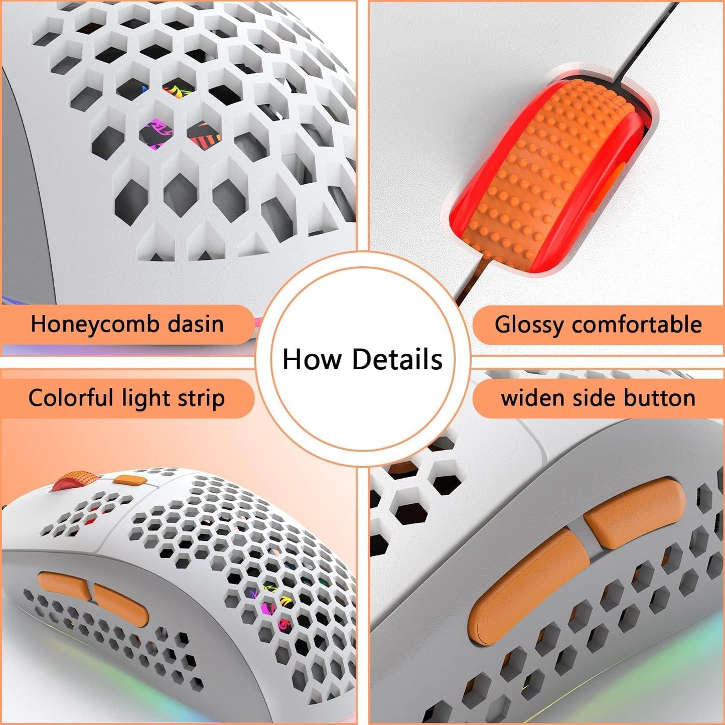 ZIYOU LANG Wired RGB Gaming Mouse,65G Lightweight Honeycomb Ultralight Mouse with High Precision Sensor 6400DPI,6 Button Programmable USB Gaming Mice,Precise Registration for PC Gamers Xbox PS4 Users