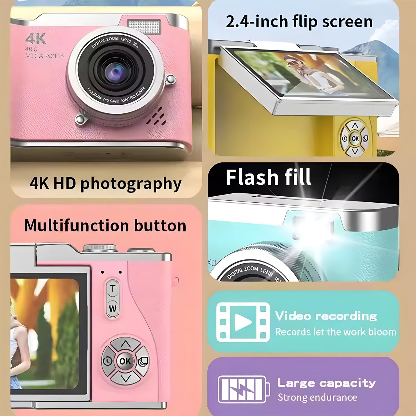 4K Foldable Screen Student Camera, Point and Shoot Digital Cameras with 32GB TF Card, Portable Camera FHD 48MP 4K Digital Camera with 8X Zoom Anti-Shake with Flip Screen (White, Camera Body Only)