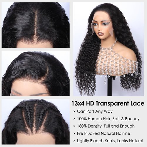 Alibeauty 13x4 HD Transparent Lace Front Wigs Human Hair Pre Plucked Hairline with Baby Hair 200 Density Brazilian Water Wave Wigs for Black Women(14 Inch)