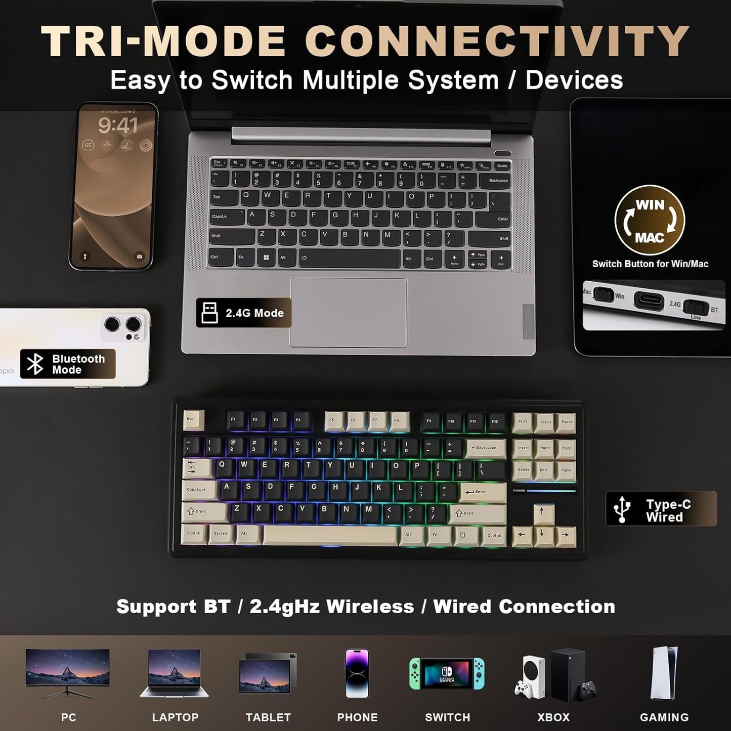 YUNZII YZ87 Gasket Mechanical Keyboard,TKL Wireless Hot Swappable with 5-Layer Padding, BT5.0/2.4G/USB-C NKRO RGB Backlit for Win/Mac(White, Milk Switch)