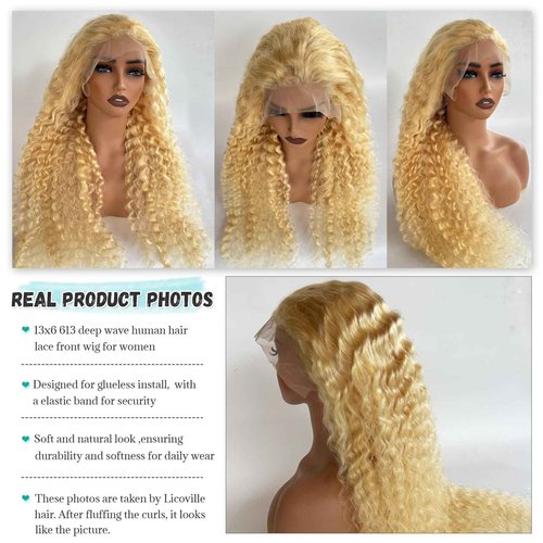 Licoville Blonde Lace Front Wig Human Hair Pre Plucked Curly Blonde Wig HD Transparent Deep Wave 613 13x6 Lace Front Wigs Human Hair 180% Density 28 Inch 613 Frontal Wigs for Black Women