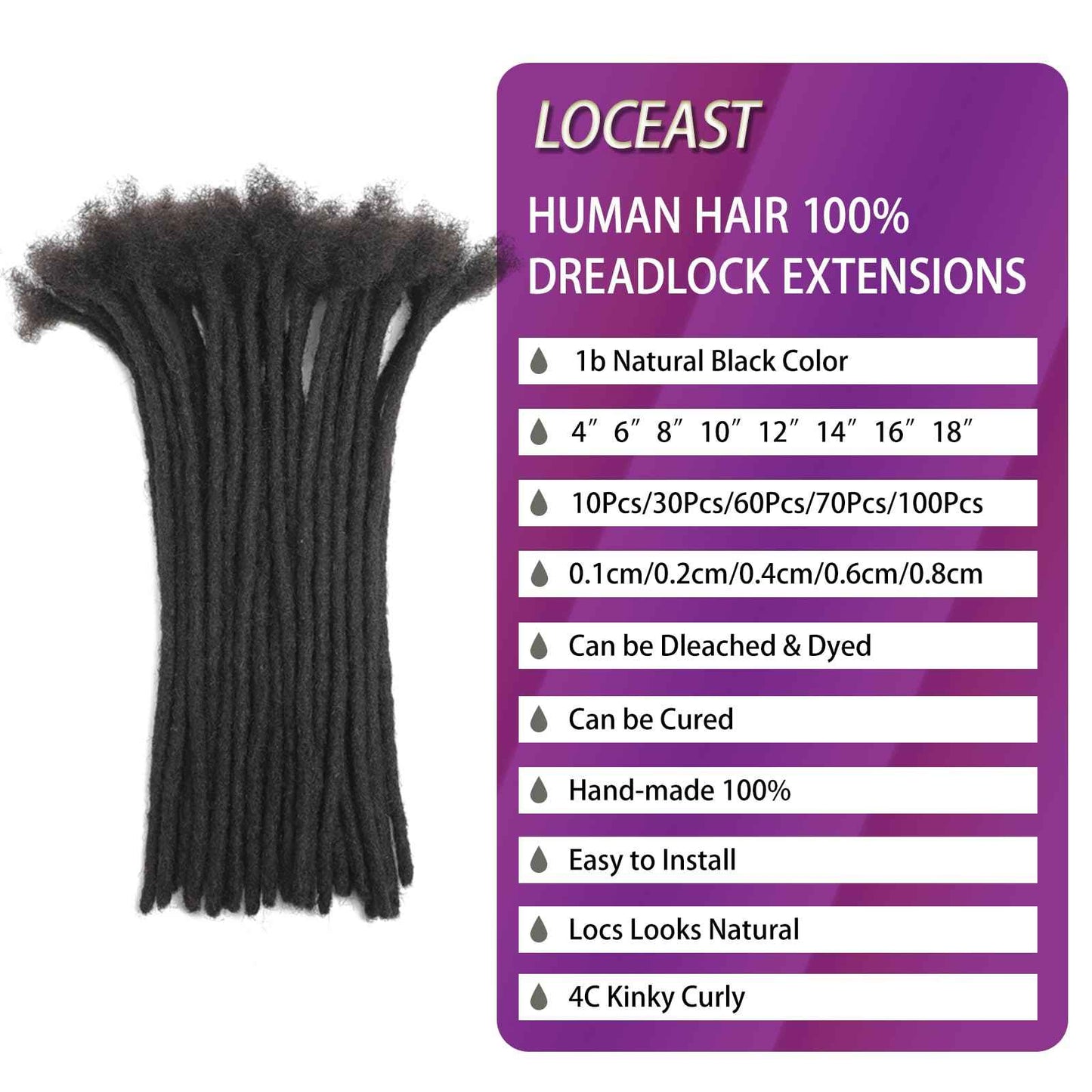 Loceast 8 Inch 0.4cm Width Loc Extension Human Hair Natural Black 60 Strands Full Hand-made Permanent Locs Extensions Can Be Dyed and Bleached for Men/Women/Kids Real Dreadlock Extensions Human Hair