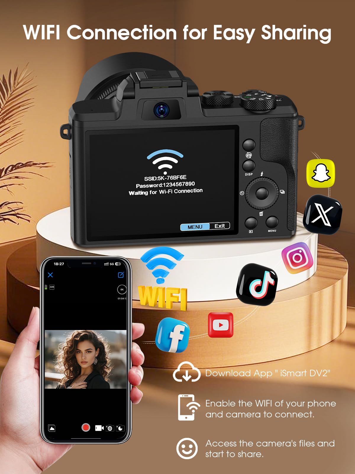 8K Digital Camera, 88MP Cameras for Photography with WiFi & Touch Screen, 16X Zoom Vlogging Camera for YouTube Video, Autofocus & Anti-Shake, Dual Camera, 2 Batteries, 64GB Card, Flash, Lens Hood