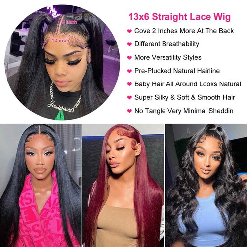 JUBOTIN 30 Inch Straight Lace Front Wig Human Hair 13x6 Straight HD Lace Front Wigs Human Hair Wigs for Women Pre Plucked 180% Density Straight Lace Frontal Wigs Human Hair Natural Black