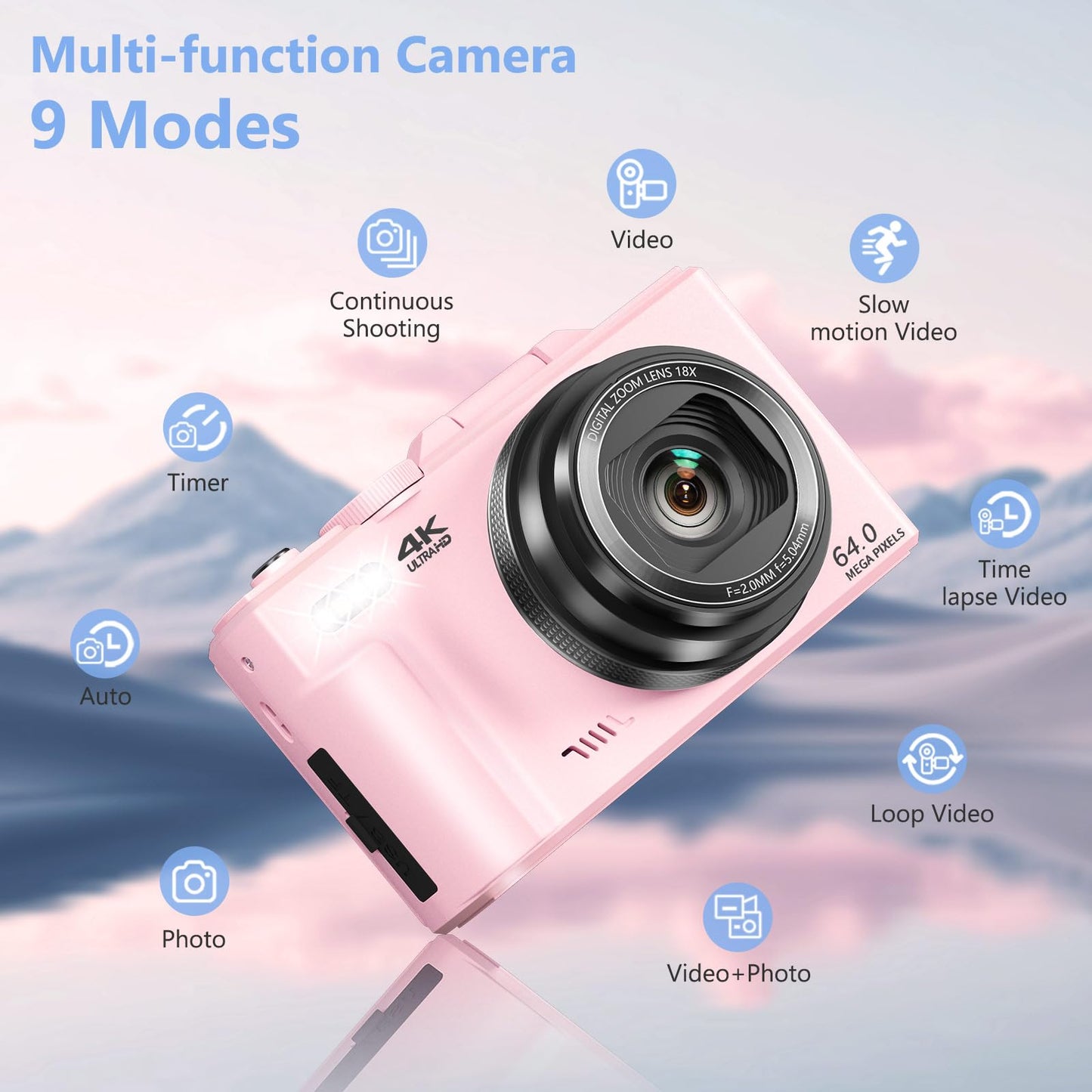 4K Digital Camera for Photography, 64MP Vlogging Camera for YouTube with 3" 180° Flip Screen, 18X Digital Zoom Point and Shoot Camara with 32GB Micro SD Card for Beginner (Pink)