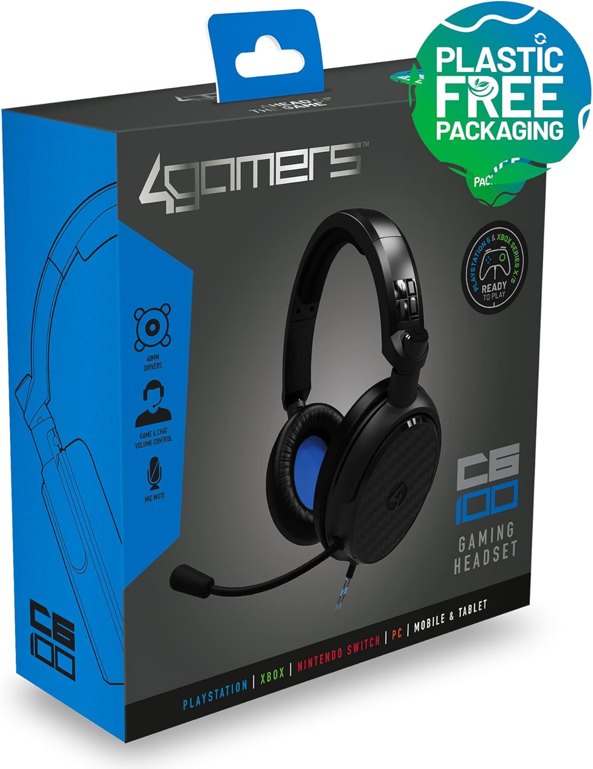 4Gamers C6-100 Black & Blue Over Ear Gaming Headset Compatible with PS4/PS5, Xbox, Switch, PC with Flexible Mic, 3.5mm Jack, 1.5m Cable, Lightweight, Comfortable and Durable