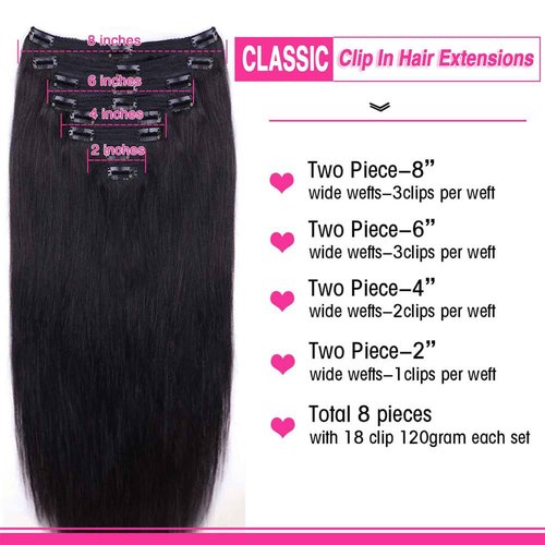 Straight Human Hair Clip in Hair Extensions for Black Women 100% Unprocessed Full Head Brazilian Virgin Hair Natural Black Color,8/Pcs with 18Clips,120 Gram (26inch, Straight hair)