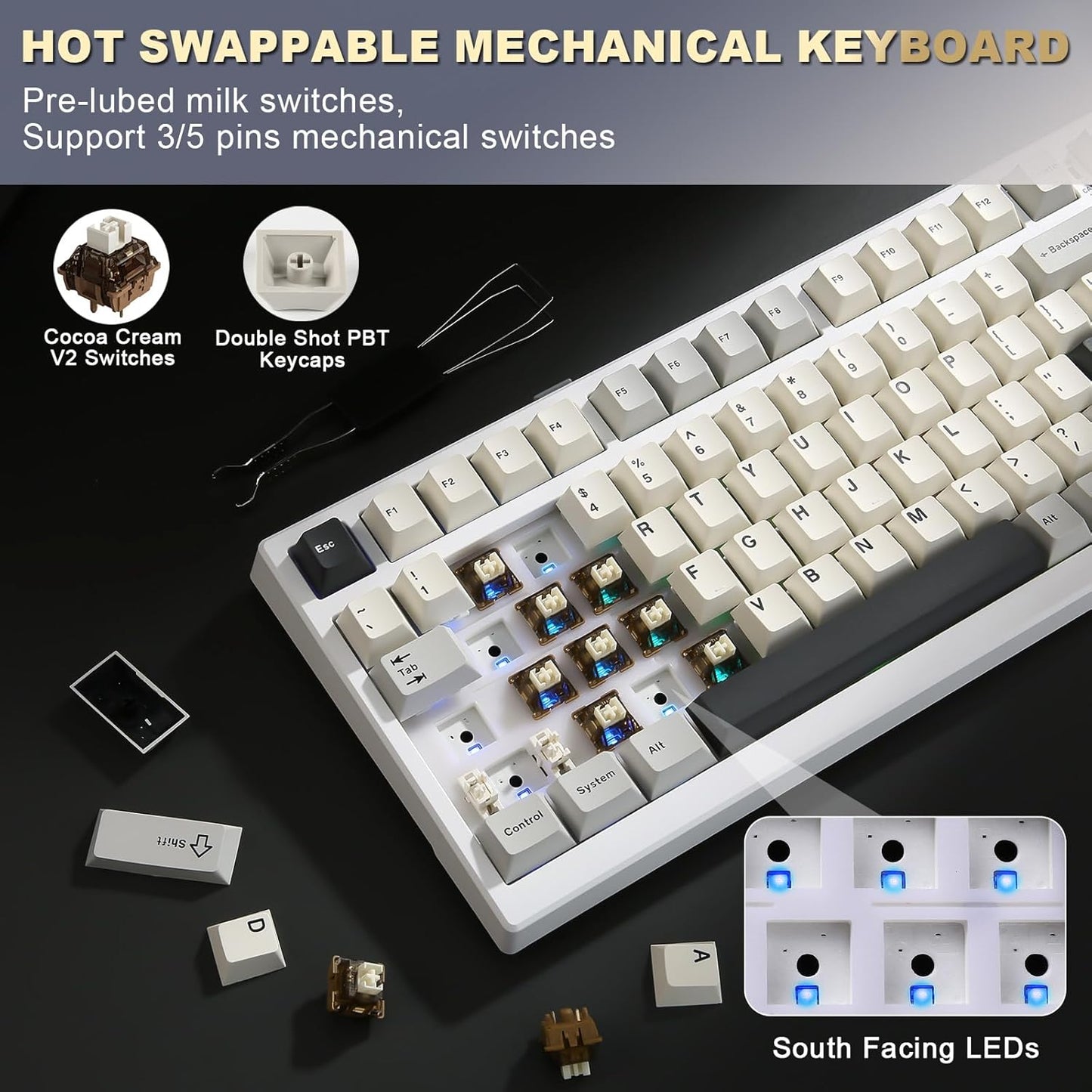 YUNZII YZ98 Gasket Mechanical Keyboard,99 Key Hot Swappable BT5.0/2.4G/USB-C Wireless NKRO 98% 1800 Layout with RGB LED Backlit for Linux/Win/Mac(Milk Switch, White)