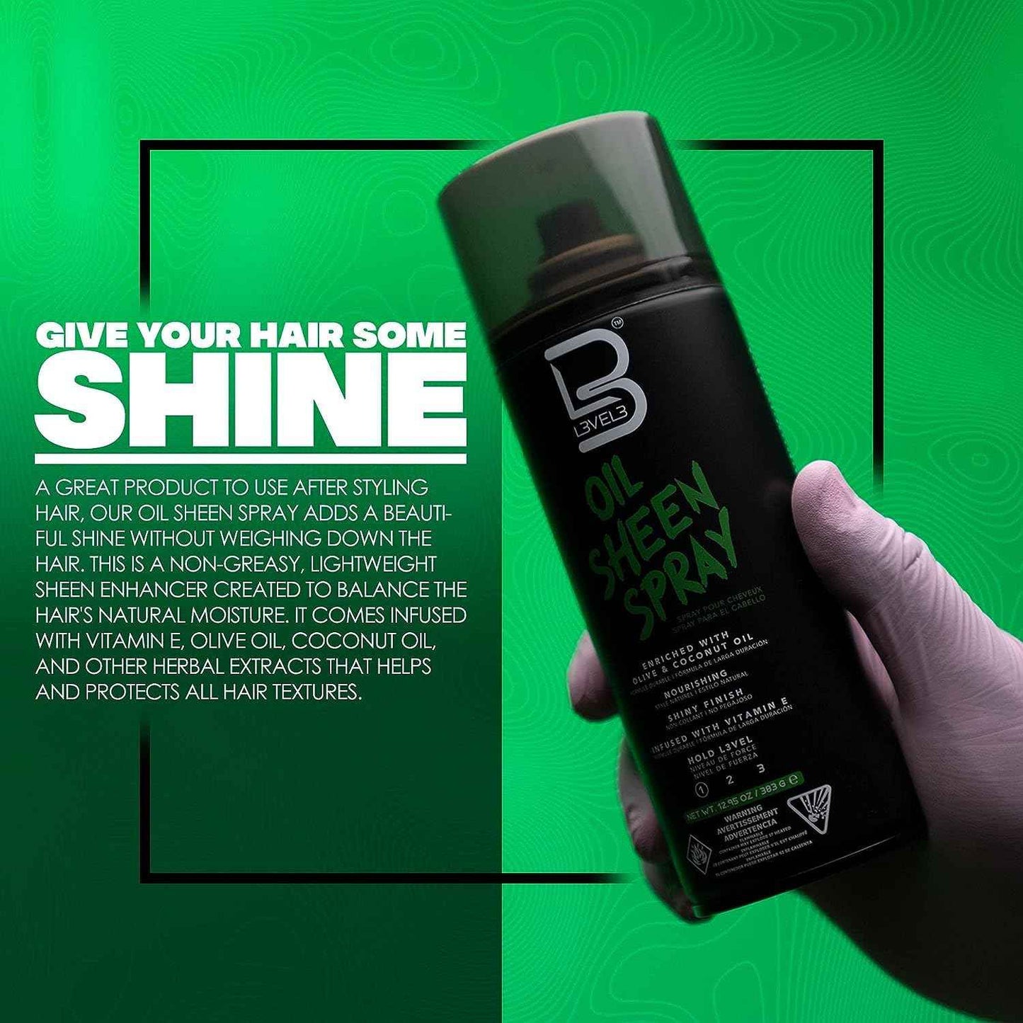 L3 Level 3 Oil Sheen Spray - Adds Shine to Hair After Styling - Infused with Vitamin E, Olive and Coconut Oil and Herbal Extracts