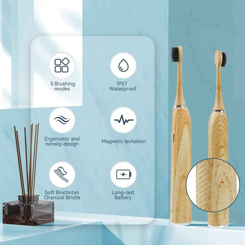 GUFICLE Bamboo Electric Toothbrush, Sonic Electric Bamboo Toothbrush for Adults, IPX7 Waterproof Rechargeable Toothbrush, 5 Cleaning Modes, 4 Bamboo Brush Heads Soft Bristle