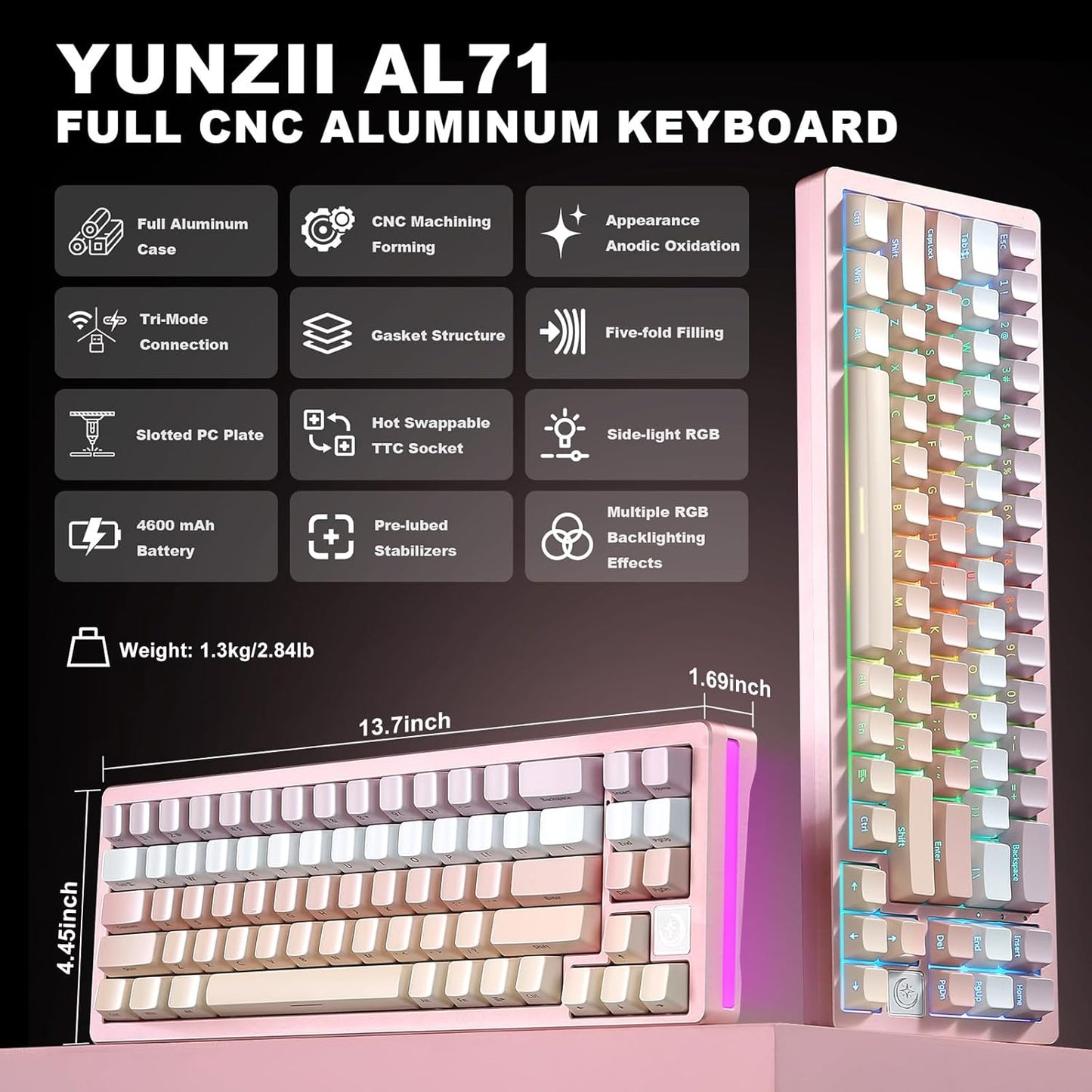 YUNZII AL71 75% Mechanical Keyboard,Full Aluminum CNC,Hot Swappable Gasket,2.4GHz Wireless BT5.0/USB-C Wired,NKRO Programmable RGB Backlight Creamy Typing for Win/Mac(Pink, Crystal White Switch)