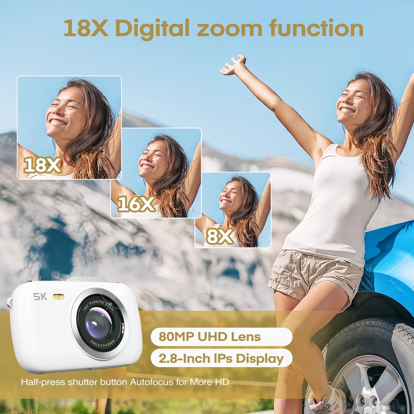 5K Vlogging Camera,80MP UHD Portable Digital Cameras for Vlogging,18X Zoom Travel Point and Shoot Camera with 32GB TF Card,Photography Cameras for Beginners Teen - White