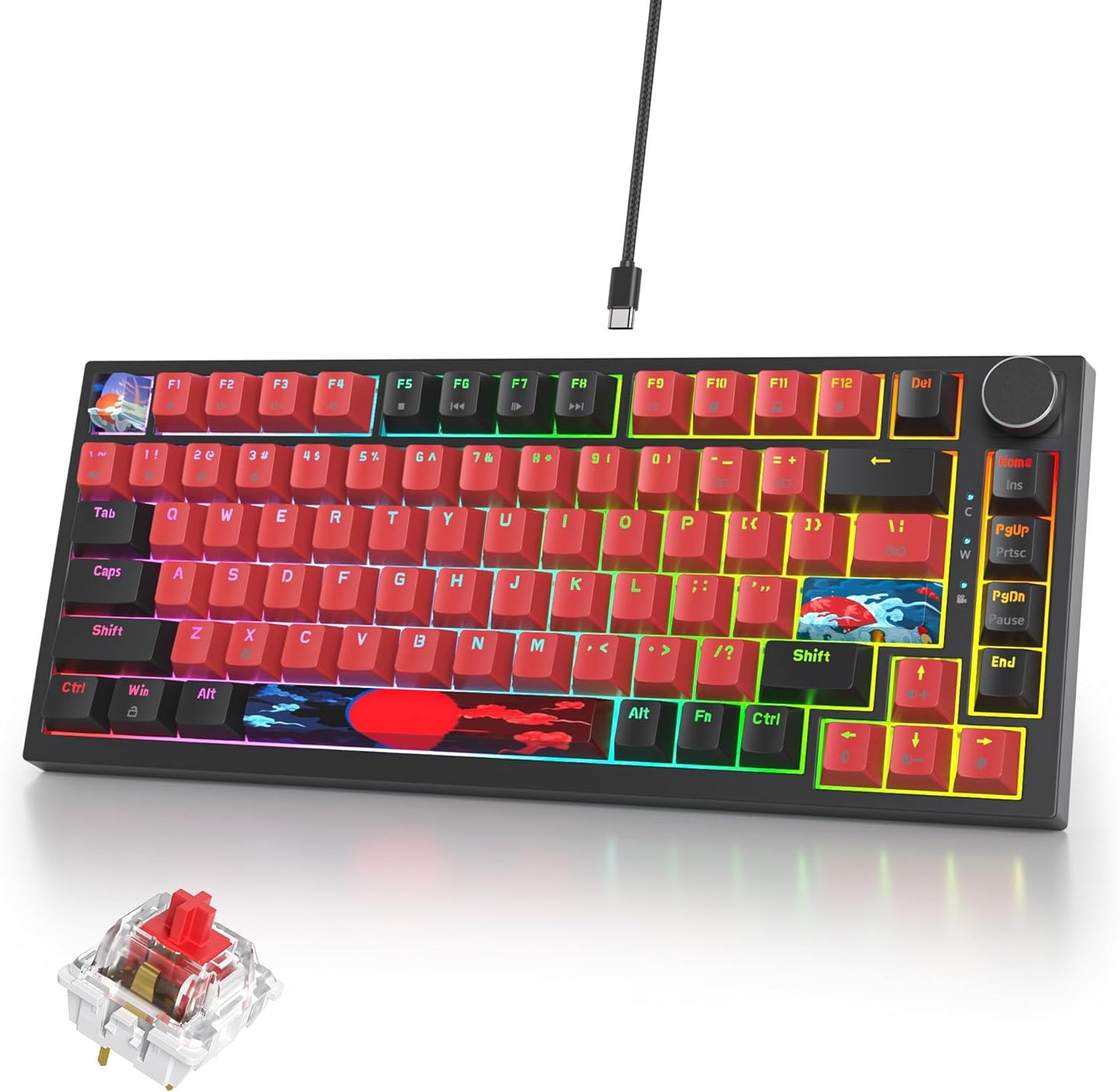 75% Mechanical Gaming Keyboard with Volumn Knob, Gasket Hot Swappable RGB, Wired, Red Switch, 82 Keys Compact Creamy (Black Grey)