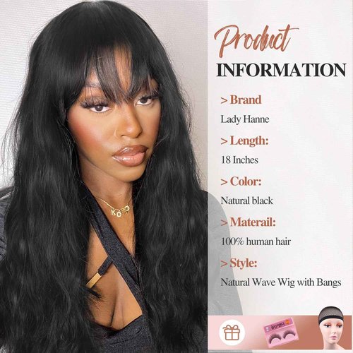 Lady Hanne Human Hair Wigs Natural Wave Human Hair Wig with Bangs for Black Women 18 inches None Lace Front Wear and Go Glueless Human Hair Wig
